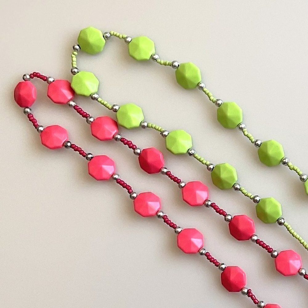 Y2K Chunky Pink & Lime Green Hexagon Bead Slip-On Preppy Necklaces • Set of 2